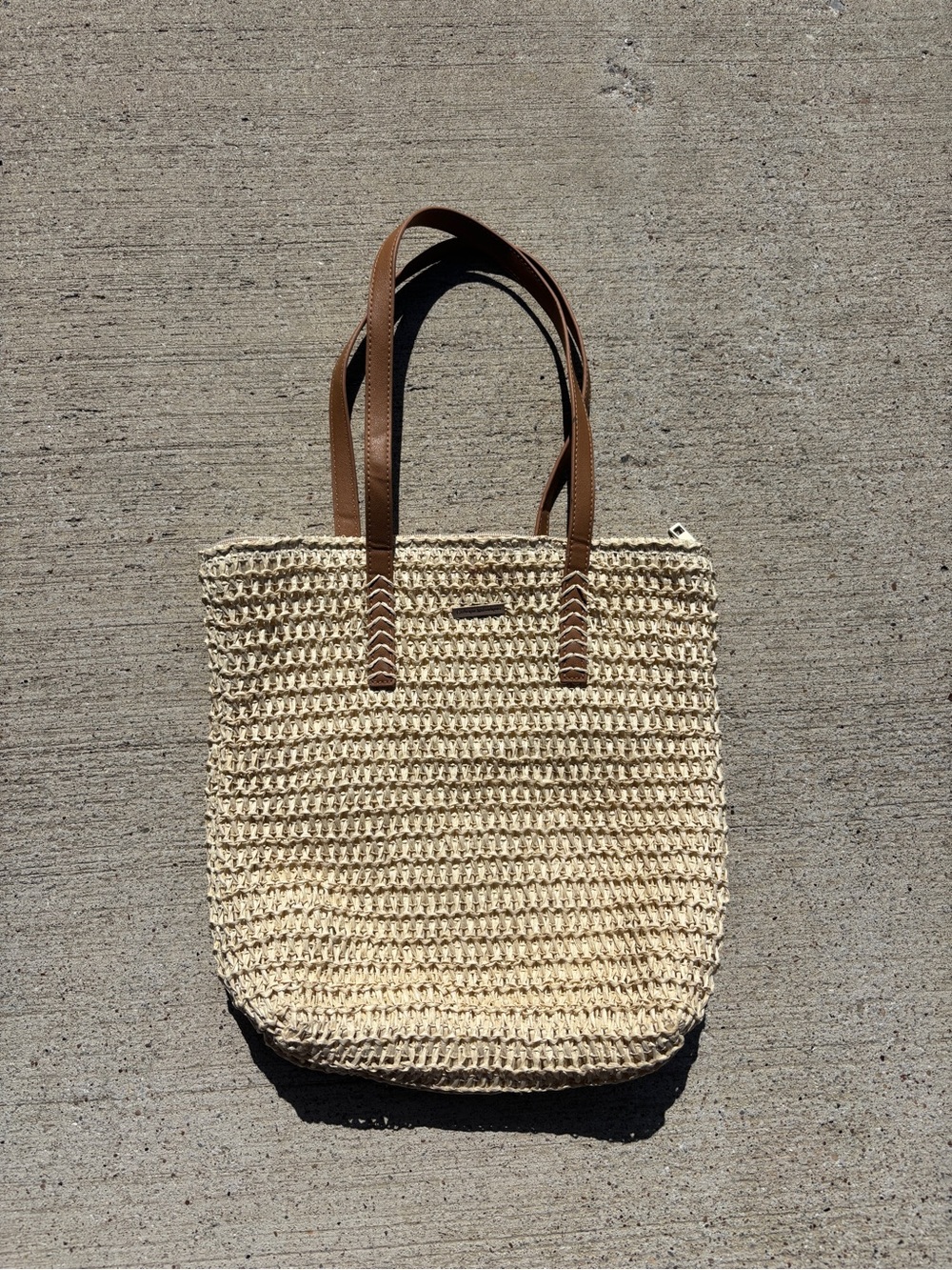 Woven Straw Tote Bag with Brown Handles
